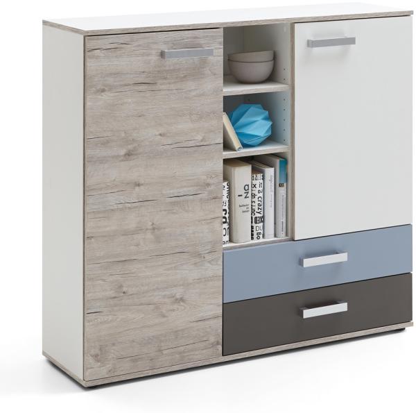 Highboard Kommode LEEDS-10 mit 2 Türen und 2 Schubkästen, Sandeiche Nb./weiß/Lava/Denim, B x H x T ca. 116,9 x 105 x 33 cm