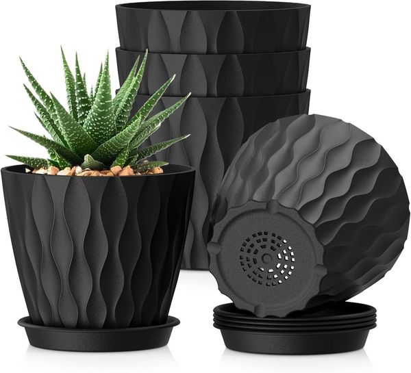 ibettertec Pflanzkübel 15 cm Blumentopf Pflanztopf, 5er Set Dick Kunststoff Pflanztöpfe (3D-Wellentextur Übertopf für Einblatt, Efeutute & Innen Außen Pflanzen, Schwarz)