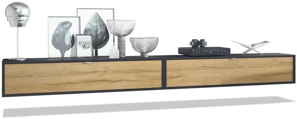 2er-Set TV Board Lana 140, Lowboards je 140 x 29 x 37 cm mit viel Stauraum, Korpus in Schwarz matt, Fronten in Eiche Natur