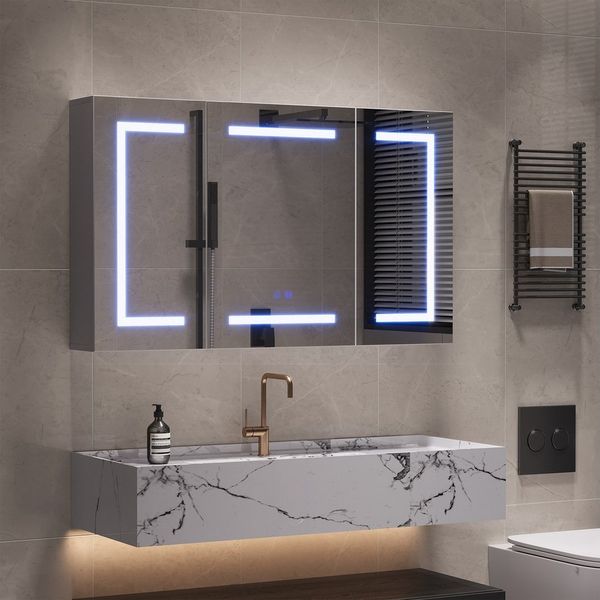 ADWOLT Badezimmerspiegelschrank Spiegelschrank mit LED-Beleuchtung (Set, 1-St, Badezimmerschrank mit Spiegel und 3 Türen, Entfogger-Funktion) Wandschrank mit Ablage, Touchschalter, 60 x 100 x 13.5 cm, Weiß