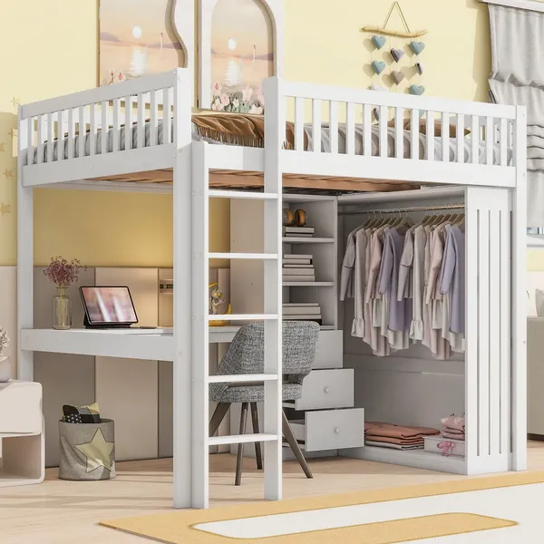 Hochbett mit Schreibtisch, Schubladen, Kleiderschrank, Regal und Rausfallschutz, 140x200 cm, Kinderbett, Kiefer