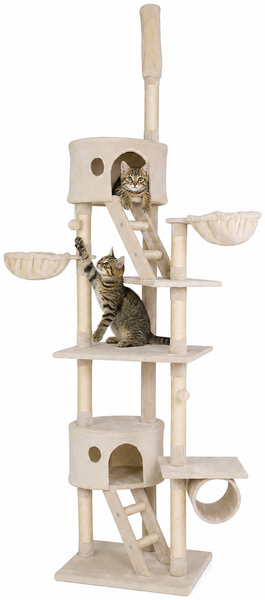 lionto Kratzbaum mit Deckenspanner, 230-250 cm großer Aktivitätsturm mit 2 Höhlen, 2 Liegemulden, Treppen & Spielbällen, beige
