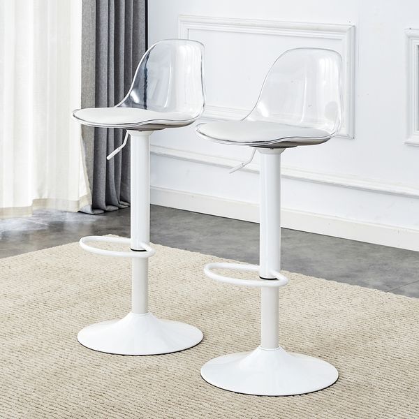 Barhocker 82–104 cm, transparente Rückenlehne, 360° drehbar, weiße Metalllbeine,40.5*40.5*104 cm,2er-Set