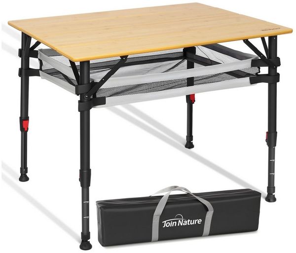 HOMECALL Klapptisch Bambus Camping-Klapptisch höhenverstellbar 47–65 cm (natürliche Bambus-Tischplatte, Aluminiumrahmen, abnehmbares Netzfach, tragbarer Outdoor-Picknicktisch)