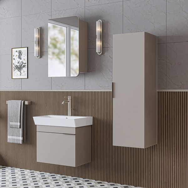 Roomart LYCIA-60 Badmöbel Set– 4-teiliges Badezimmermöbel Set - Waschbeckenunterschrank mit Keramikwaschbecken, Spiegelschrank & Hochschrank - H 54 x B 38.6 x T 59 cm • Beige