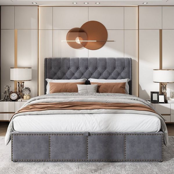 OKWISH Polsterbett Inklusive weichem Samtbezug und integrierter Aufbewahrungsbox (160 x 200 cm, ohne Matratze, Doppelbett 160x200 cm mit Stauraum-Bank im Kopfteil), Schafft Sitzkomfort und Ordnung im Schlafzimmer(ohne Matratze)