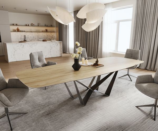 Esstisch Edge Boot 200-300x120 cm Keramik Laminam® Sabbia Eichefarbig Spider Flachstahl Edelstahl Graphit ausziehbar