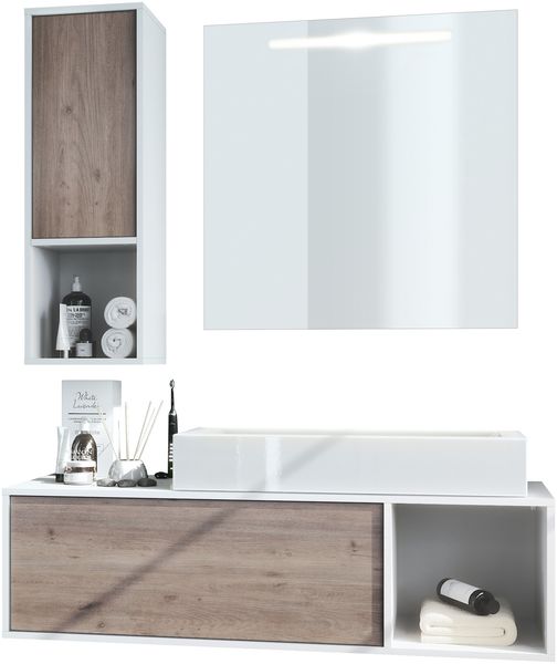 Badmöbel Komplettset La Costa, Korpus in Weiß matt / Fronten in Eiche Nordic, mit Aufsatzwaschbecken und LED Spiegel