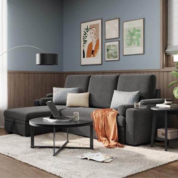 Vasagle Sofa L Form, Schlafsofa, Couch mit Stauraum, Schlaffunktion, Bettsofa mit Getränkehalter, modern, für Wohnzimmer, Schlafzimmer, Dunkelgrau