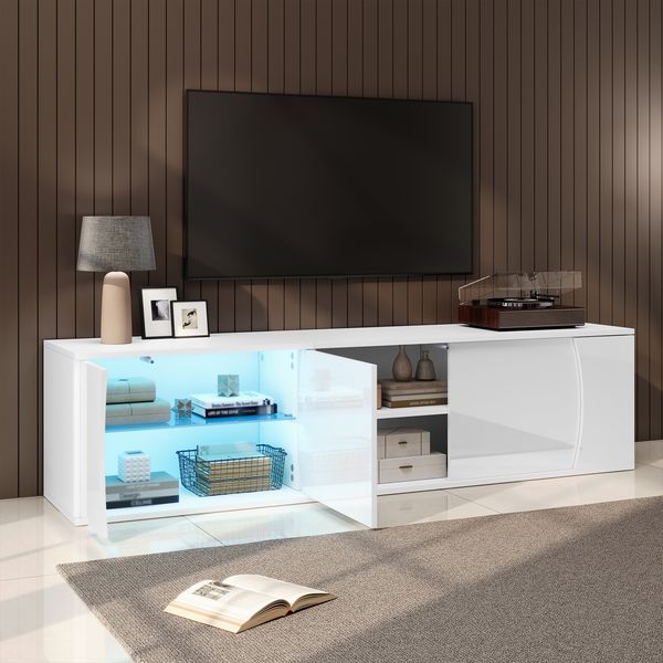 TV-Schrank 180 x 40 x 45 cm, weißer TV-Lowboard mit 3 Türen, Hochglanz-Front und LED-Beleuchtung