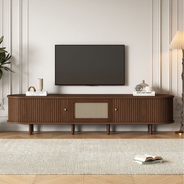 BlingBin TV-Schrank Lagerschrank Lowboard TV Board Fernsehtisch, TV-Möbel mit Stauraum (Ovaler Fernsehschrank mit 1 Schubladen und Verstellbare Füße, Rattan-Design, MDF Holzmaserung, 1-St, Größe: 180 x 40 x 40cm, Tragkraft: 30KG) Wohnzimmer-TV-Schrank,...
