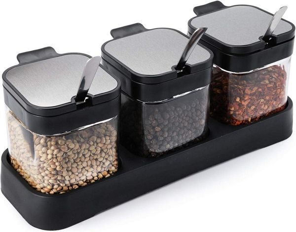 Gewürzbehälter Set aus Glas 220ml Gewürzgläser Salz Zucker Dosen Schwarz