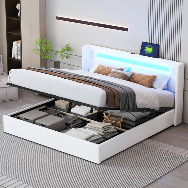 Polsterbett aus PU-Leder mit Stauraum, LED & Bluetooth, 160x200 cm, Weiß, ohne Matratze