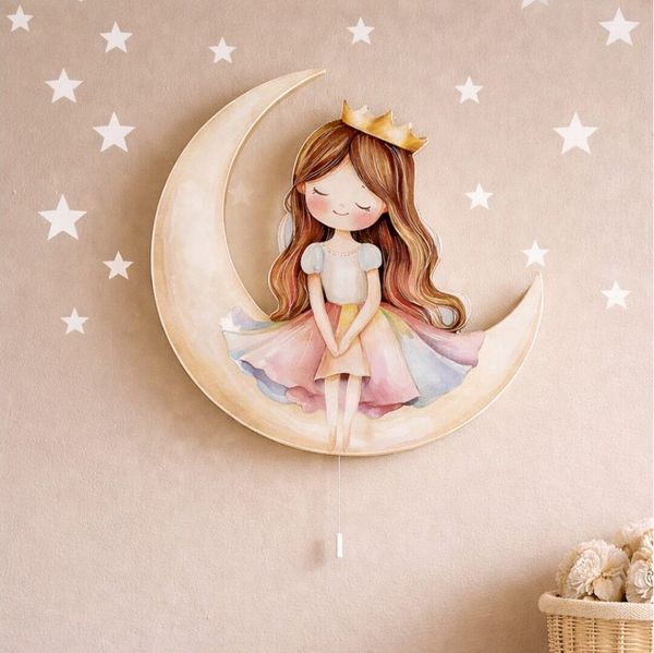 COZYCOLLECTIONS LED Wandleuchte Prinzessin sitzt auf Mond LED-Wandnachtlicht, LED, Warmweiß, Montessori-inspiriertes Prinzessinnenlicht für Traumrituale