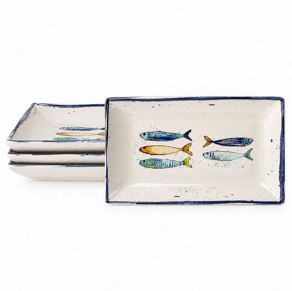 WestCraft Speiseteller Teller, mediterran mit Sardinen-Motiv, Maritime Servierplatte 25×15cm, (4 St), 2er Set, hochwertig und robust - langlebig und vielseitig einsetzbar