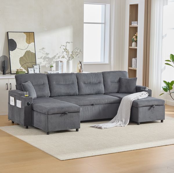 4-Sitzer Sofa, Cord mit Schlaffunktion & Stauraum, 272x136x86 cm, Kohlengrau