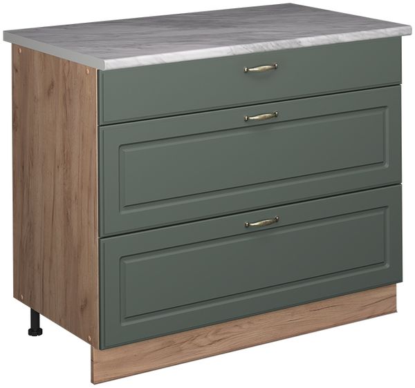 Küchenunterschrank Fame-Line Grün-Gold Landhaus/Goldkraft Eiche 100 cm, AP Marmor Vicco