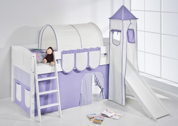 Lilokids 'Ida 4106' Spielbett 90x200 cm, Lila Beige, Kiefer massiv, mit Turm, Rutsche und Vorhang