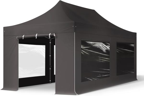 3x6 m Faltpavillon, PREMIUM Stahl 40mm, Seitenteile mit Panoramafenstern, dunkelgrau