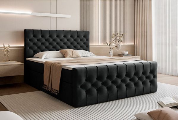 Goldstoff Boxspringbett TAURIEL mit Federkernmatratze & Topper, zwei Bettkästen (von 120 bis 200x200 cm), modernes Doppelbett aus Velvet Stoff mit edlem Kopfteil