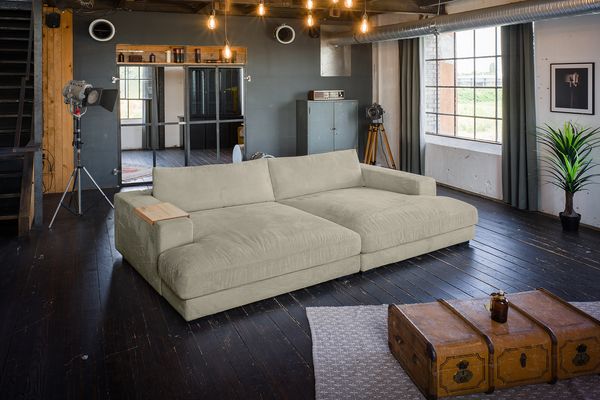 KAWOLA Big Sofa MADELINE mit Holztablett natur für Armlehne Cord steingrau 85 x 170 x 290 cm