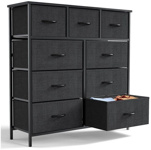 Fanttik Kommode 9 Schubladen Schubkastenkommode Stoff Sideboard Mehrzweckschrank (Aufbewahrung von Kinder- und Erwachsenenkleidung, mit Metallgestell Schubladen aus Stoff, Sideboards mit Holzplatte, leicht zu ziehendem Griff Große Kapazität), Aufbewahr...
