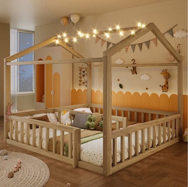 REDOM Kinderbett Holzbett Funktionsbett (mit LED & Sicherheitsgitter aus Kiefernholz, 90x190cm*2/180x190cm), ohne Matratze