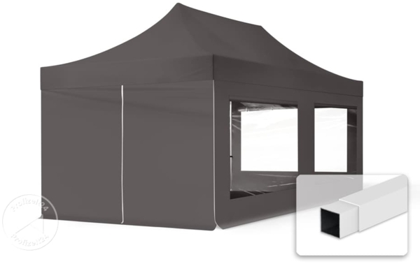 3x6 m Faltpavillon, ECONOMY Stahl 30mm, Seitenteil mit Panoramafenster, dunkelgrau