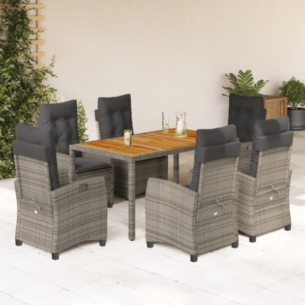 vidaXL 7-tlg. Garten-Essgruppe mit Kissen Grau Poly Rattan 3212675
