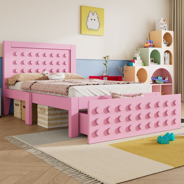 Einzelbett, Massivholz mit Schublade & Lattenrost, 90x200 cm, Rosa, ohne Matratze