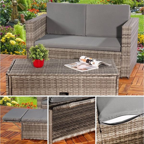 Feel2Home Garten-Essgruppe Gartensofa Fußbank Lounge Polyrattan Outdoor Garnitur versch. Farben, (Set, Sofa & Ottomane), Kissen inkl. Reißverschluss daher abnehm- und waschbar
