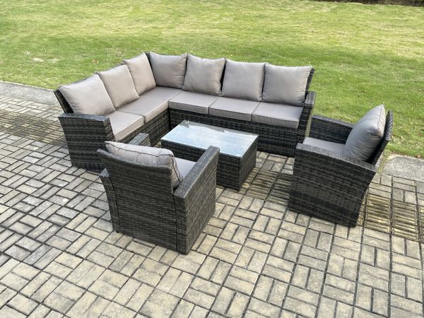 Fimous 8 Sitzer Hoher Rücken Rattan Gartenmöbel Set Rattan Ecksofa Set mit Rechteckiger Couchtisch 2 Sesseln Dunkelgrau gemischt