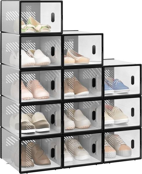 Woltu Schuhregal, 12-tlg, stapelbar, mit magnetischer Tür, Kunststoffbox