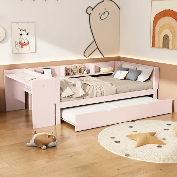 Jugendbett mit Ausziehbett, Schreibtisch, Regal und Lattenrost, 90x200 cm, Einzelbett, Holzbett