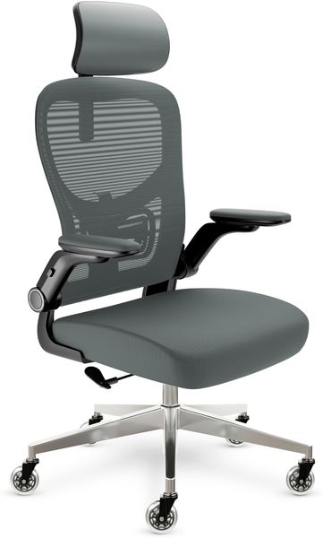 CLOUVOU SmartSeat, ergonomischer Bürostuhl, Rückenlehne mit Mesh Bezug, FlipUp-Armlehnen, 3D-Kopfstütze, BladeWheels, Anthrazit
