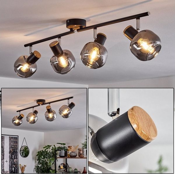hofstein Deckenleuchte Deckenlampe Metall/MDF/Glas in Schwarz/Chrom/Holzoptik/Rauchfarben, ohne Leuchtmittel, Leuchte im Retro/Vintage-Design m. verstellbaren Schirmen, 4x E27