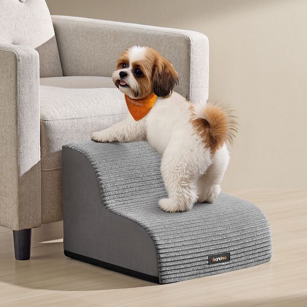 Feandrea Hundetreppe, 2 Stufen, Haustiertreppe, für kleine Hunde, Bett, Sofa, wasserdichte Katzentreppe, rutschfest, gringe Neigung, abnehmbarer waschbarer Bezug, Griff, taubengrau PPSDE002G01