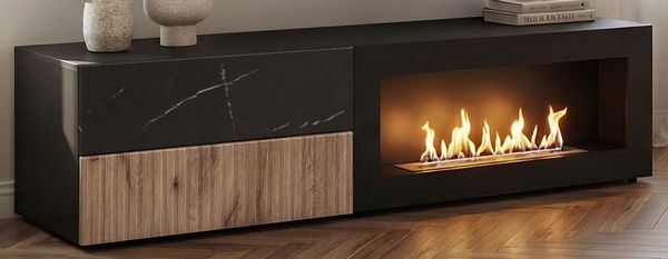 TV-Lowboard Starlet in schwarz, Vicking Eiche und Marmor schwarz mit Kamin 60x122 cm