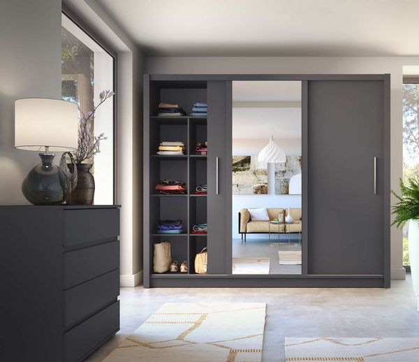 Home affaire Kleiderschrank BELAVIEN Schwebetürenschrank mit 15 Fächer, Kleiderstange und Spiegel Garderobe mit 3 Schwebetüren und Spiegel, Maße B/T/H: 247,8/61,6/215