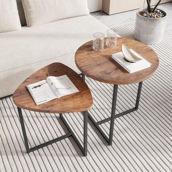 Runder Couchtisch 2er-Set Holzoptik Metallrahmen Beistelltisch Wohnzimmer