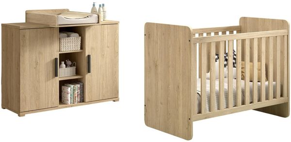 SAM Artikel-Set 3-tlg. best aus, Kommode inkl. Wickelaufsatz, Baby-Bett, Ausf. Eiche Melamin Dekor