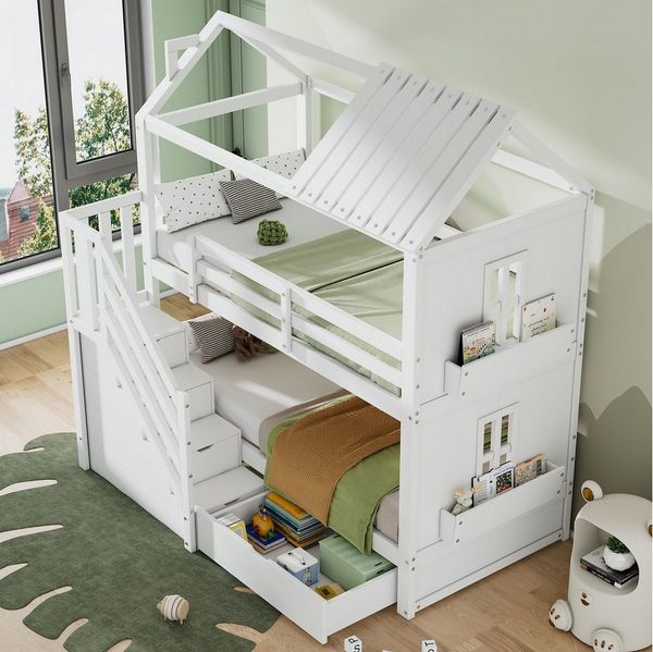 i@home Etagenbett Haus-Etagenbett mit Dach, Stauraumtreppe & Regalen, 90x200 cm Weiß, Doppelstockbett mit Haus-Design, Treppe und Schubladen
