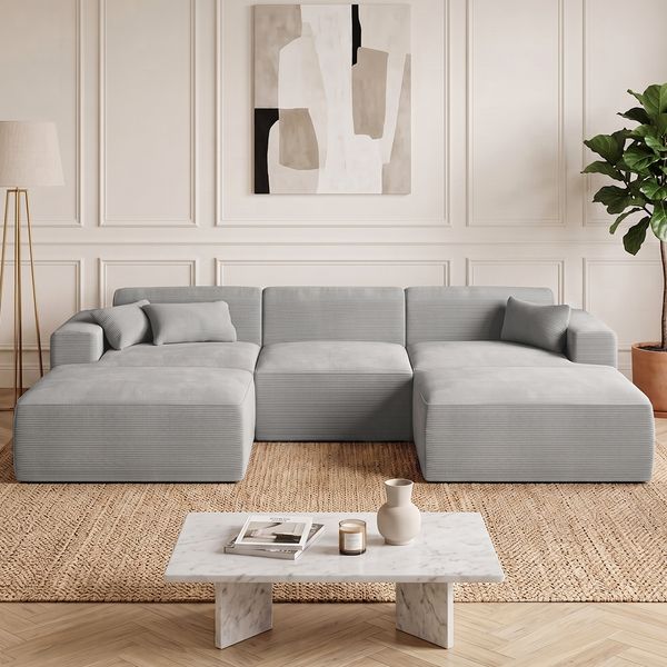skølm 'Freki' Cloud Sofa 3 Sitzer mit 2x Hocker, Vollschaumcouch mit Federkern und Vakuum-Kompression, kein Aufbau erforderlich, mit 3 Kissen, Cord grau