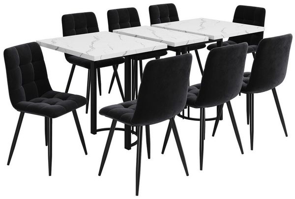 MODFU Esstisch Esstisch Teleskoptisch,Moderne Esstisch,mit Marmoroptik,Esstisch-Set (Elegantes 9-teiliges Essgruppen-Set, Ausziehbarer Esstisch (140-179,5 cm), 8 Esszimmerstühle aus Samt, Robustes Metallgestell, Modernes Design für Küche, Wohnzimmer & ...