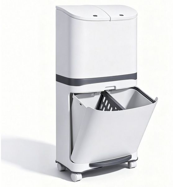 BlingBin Mülleimer Mülltrennsystem, Abfalleimer Küche 2 Fächer, 48L Doppelmülleimer, Treteimer mit Deckel und Rollen für Esszimmer Wohnzimmer, Weiß