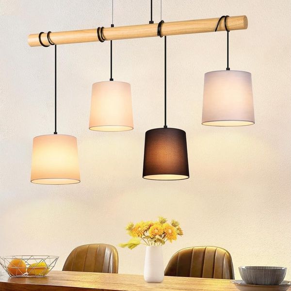 ZMH Pendelleuchte Holz 4 Flammig E27 Hängeleuchte Vintage Metall für Esszimmer, Höhenverstellbar, ohne Leuchtmittel, Stoff Pendellampe Arbeitzimmer Büro