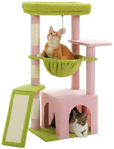 PAWZ Road Kratzbaum Kaktus-Katzenbaum für Hauskatzen 90 cm, mit großer Höhle, 1 Sisalbrett, 3 Kratzstämme, Hängematte