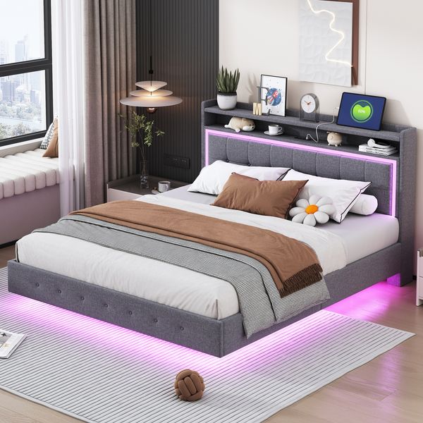 Polsterbett 160*200, mit USB-Steckdose und LED-Licht, Bett kann am Kopfende des Bettes platziert werden, verstecktes Fußdesign, Doppelflachbett, Leinenstoff Grau