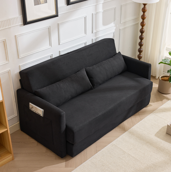 Bodensofa-Bett aus Cord, 2-in-1 Klappsofa, 165x92x82 cm, Schwarz