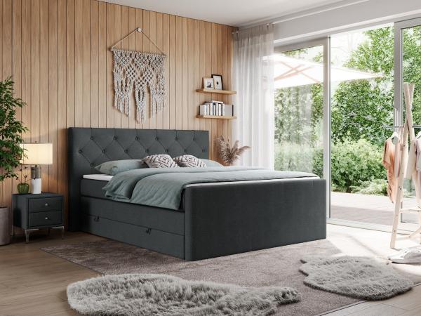 Boxspringbett KING VELEN, Doppelbett mit Multipocket-Matratze, Polsterbett mit Kopfstütze - 200x200 - Dunkelgrau Stoff - H3